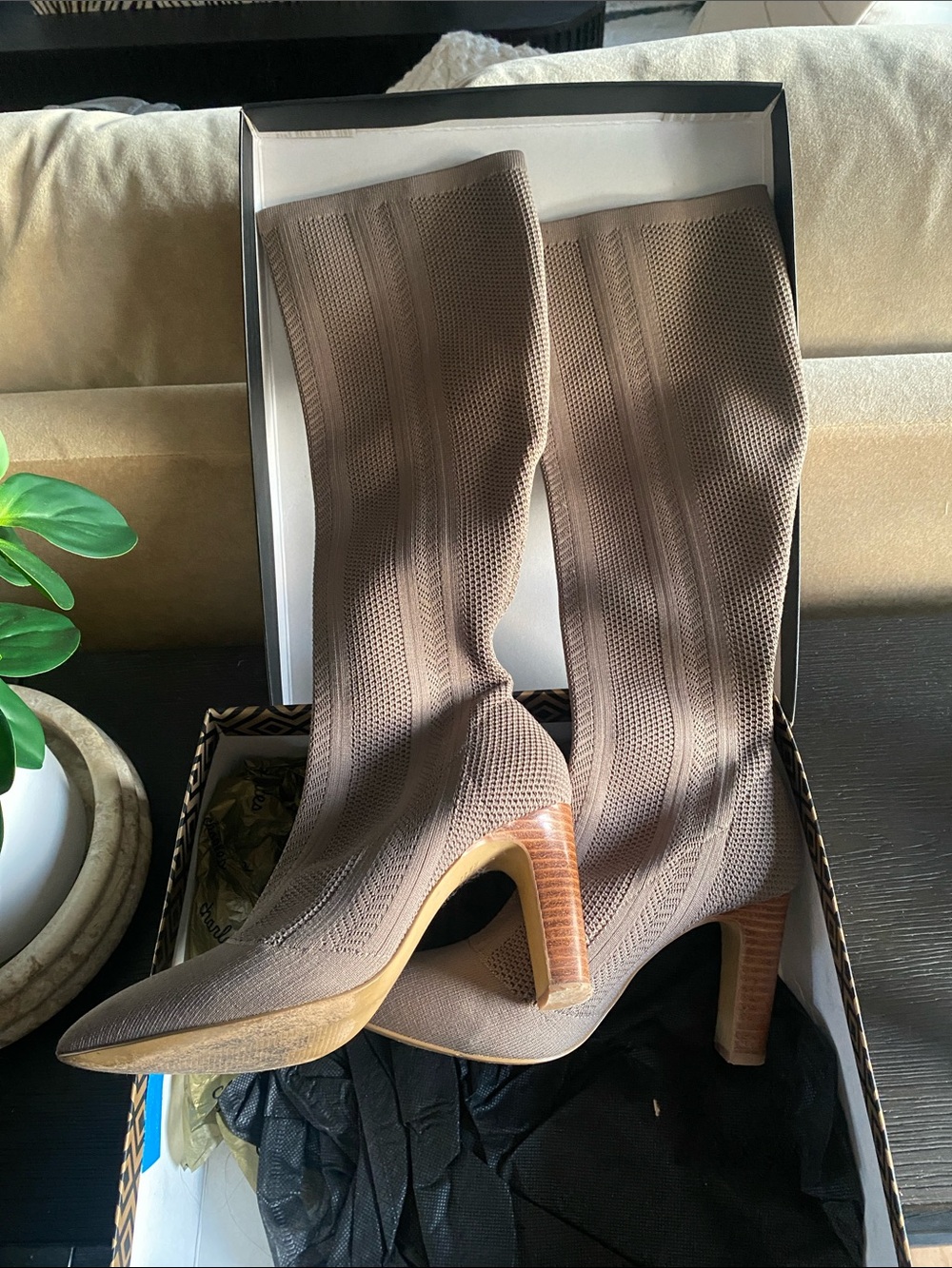 Charles David Knit Stretch Knee-High Boots in Taupe
